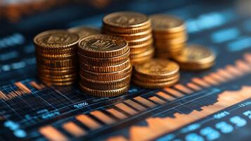 Financial Growth, Stacks of Gold Coins on Stock Market Chart photo