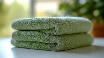 Two Soft Sage Green Terrycloth Bath Towels Folded Neatly on a White Surface photo