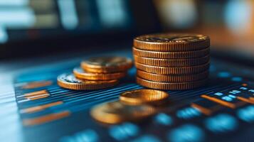 Financial Growth and Investment Success, Stack of Coins on Stock Market Chart photo
