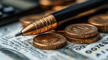 Financial Planning, A Close-Up View of Coins, a Pen, and Banknotes photo