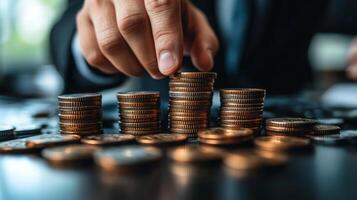Financial Growth, A Hand Carefully Arranging Stacks of Coins, Symbolizing Investment, Savings, and Wealth Accumulation. photo