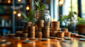 Financial Growth, Coins Stacked with a Plant in a Jar photo
