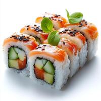 Delicious Salmon Sushi Rolls with Avocado and Cucumber photo