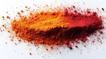 Vibrant Orange and Red Powder Spilled on White Background photo