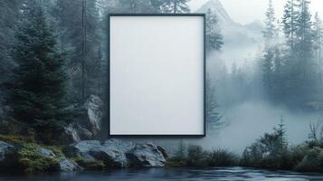 Misty Mountain Lake Landscape with Blank Canvas photo