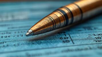 Macro Photography of a Golden Pen on a Blue Document photo