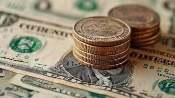 Close-up of Stacks of Coins on US Dollar Bills, Financial Concept photo