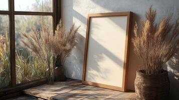Sunlit Autumnal Still Life with Pampas Grass and Wooden Frame photo