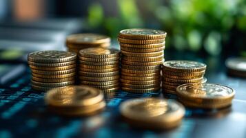 Financial Growth and Investment, Stacks of Golden Coins on a Financial Chart photo