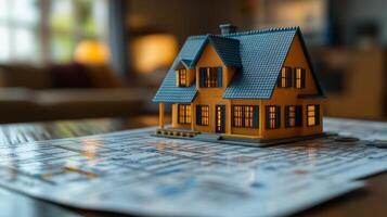 Dream Home, A Miniature House Model Resting on Architectural Plans photo