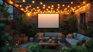 Cozy Outdoor Patio with String Lights and Blank Canvas photo