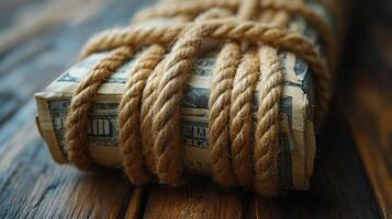 Mysterious Bundle of Cash Tied with Rope photo