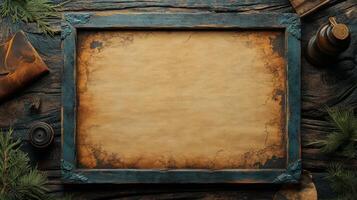 Vintage Frame with Aged Parchment Paper on Rustic Wooden Background photo