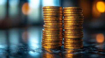 Golden Stacks of Coins, Wealth, Prosperity, and Financial Success photo
