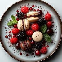 Gourmet Chocolate and Raspberry Macarons on Elegant Plate photo
