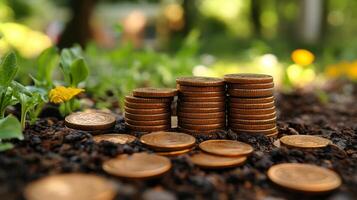 Growing Wealth, Coins Stacked in Soil, Symbolizing Financial Growth and Investment photo