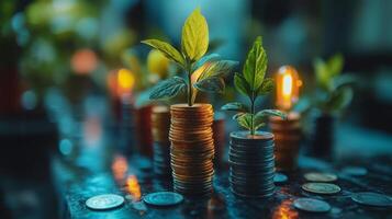 Financial Growth and Investment Concept, Saplings Growing from Stacks of Coins photo