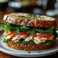 Delicious Roasted Chicken Sandwich with Tomatoes and Arugula photo