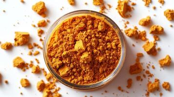Turmeric Powder in Glass Jar,Overhead Shot photo