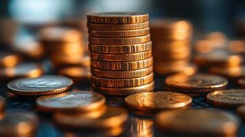 Golden Stack of Coins, A Close-Up View of Wealth and Prosperity photo