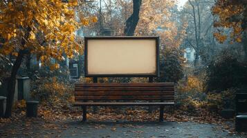 Autumnal Park Bench and Blank Billboard, A Serene Autumn Scene photo