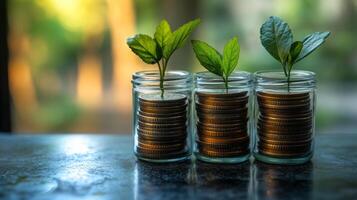 Growth, Investment, and Financial Prosperity, Three plants sprouting from stacks of coins in glass jars symbolize financial growth, investment, and the potential for wealth. photo