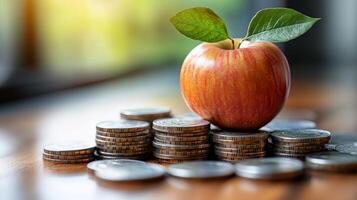 Apple on Coins, Growth, Savings, Financial Success photo