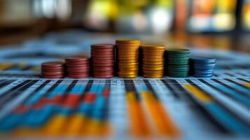 Financial Growth and Investmen, Colorful Coin Stacks on Financial Report photo