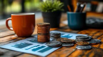 Financial Report Analysis, Coins Stacked on a Graph photo