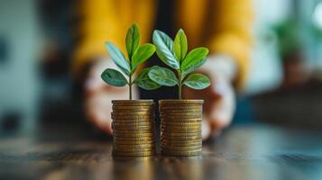 Financial Growth and Investment, Plants Growing on Stacks of Coins, Representing Wealth, Prosperity, and the Future photo
