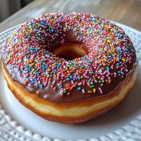 Delicious Chocolate Glazed Donut with Rainbow Sprinkles photo