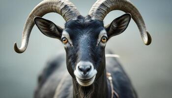 a black goat with large, curved horns photo