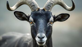 close-up of a black goat with large, curved horns photo