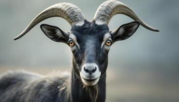 close-up of a black goat with large , curved horns photo