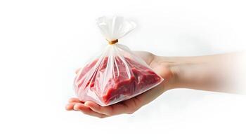 A person hand holding a bag of meat in their hand photo