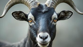 A close-up of a black goat with large, curved horns. photo