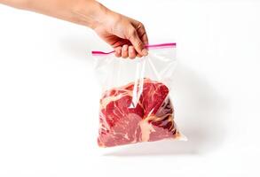 hand holding a bag of meat in their hand photo