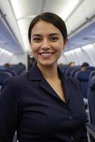 A hispanic woman, 24 years old, black hair, smiling, wearing a blue suit inside of an airplane with other passengers in the background photo