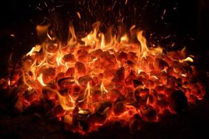 Burning charcoal embers with bright orange flames and sparks, set against a dark, shadowy background photo