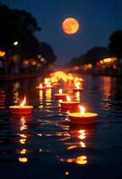 Many candles floating on a river at night, a full moon in the background, lights on the shore, dark blue sky photo