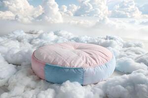A round, plush platform resembling soft fabric, in gentle pastel pink and blue hues, appearing to float among wispy white clouds in a dreamy atmosphere photo