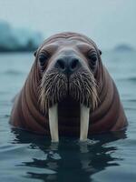 A walrus with long tusks in the water, the background shows a blurred landscape with icebergs and a cold atmosphere photo
