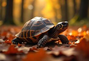 A turtle with a brown shell standing on fallen leaves, the background is a blurred forest with yellow and orange leaves, sunny day photo