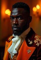 A black man, with short hair and a beard, wearing a victorian orange and red suit with a white scarf in a castle photo