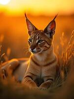 A caracal cat with black stripes, long ears and yellow eyes in a field of tall grass during a golden sunset photo