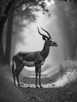A male antelope with long horns, standing on a dirt path, surrounded by trees and grass, in a forest photo