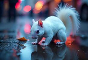 An albino squirrel with black eyes on a wet surface, city lights in the background, reflections of the lights on the ground photo