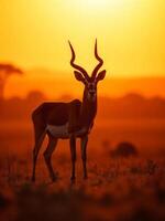 A male antelope with long horns standing in a field at sunset, the background is a warm orange color photo