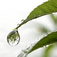 A Crystal Clear Raindrop Falling from a Leaf, isolated on a white background photo