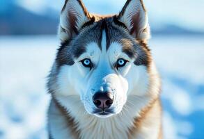 A siberian husky with blue eyes looking at camera in a snowy landscape with mountains in the background photo